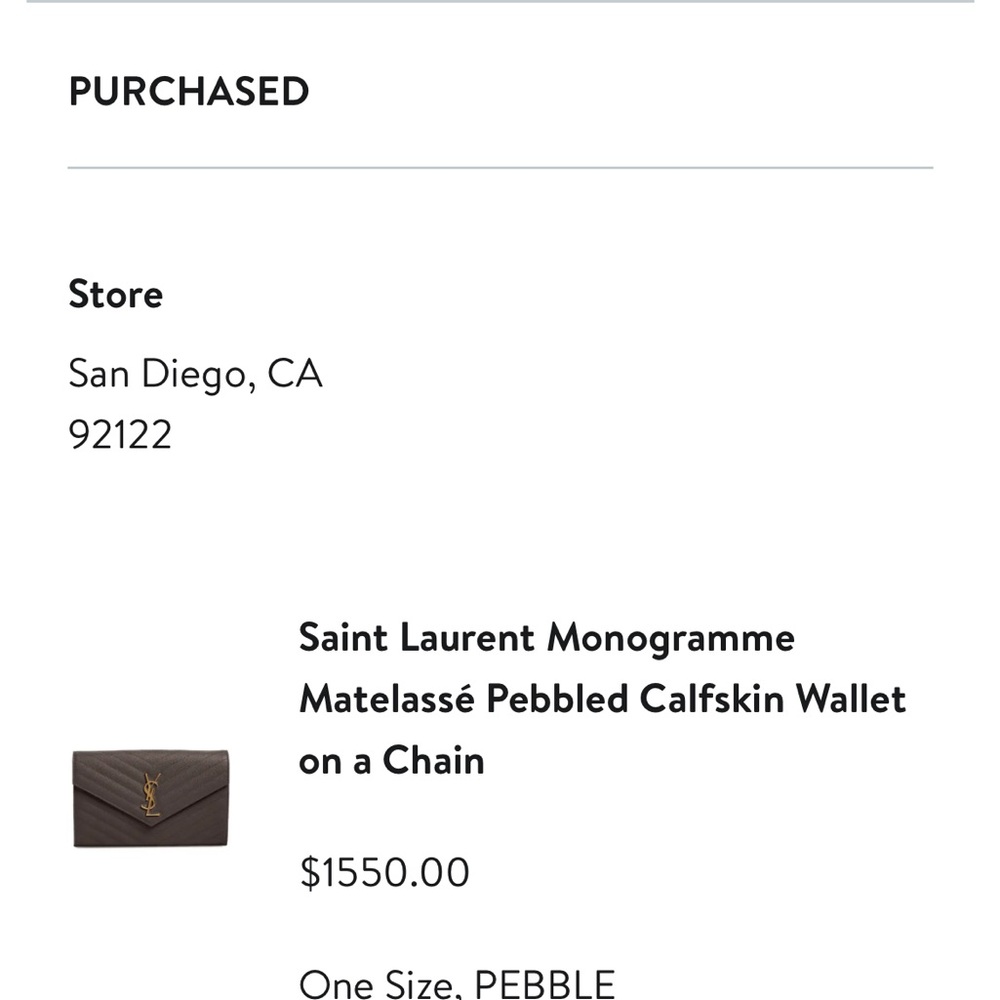Saint Laurent monograme matlesse pebble calfskin envelope wallet on a chain